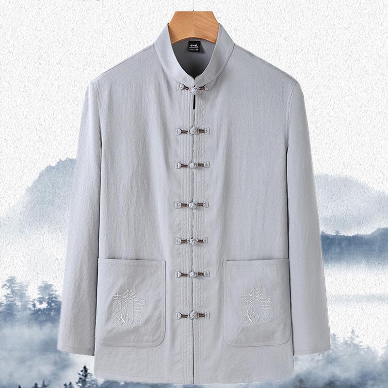 Pánský Tang oblek s dlouhým rukávem: Hanfu v čínském stylu pro jaro/léto - Ideální pro střední věk a seniory, tatínkovo a dědečkovo tričko na tai-či