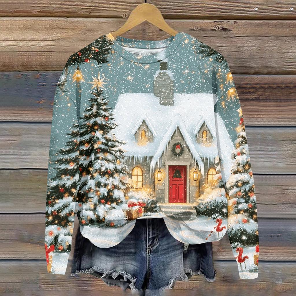 Women's Casual Long Sleeve Christmas Print Neck Pullover Sweatshirt Top