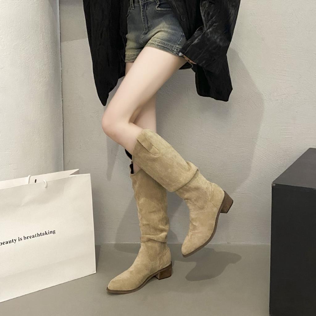 Thick Heel Vintage Brown V-Mouth Pile Tall Boots Women's Shoes 2025 Autumn Pointed Western Cowboy Boots