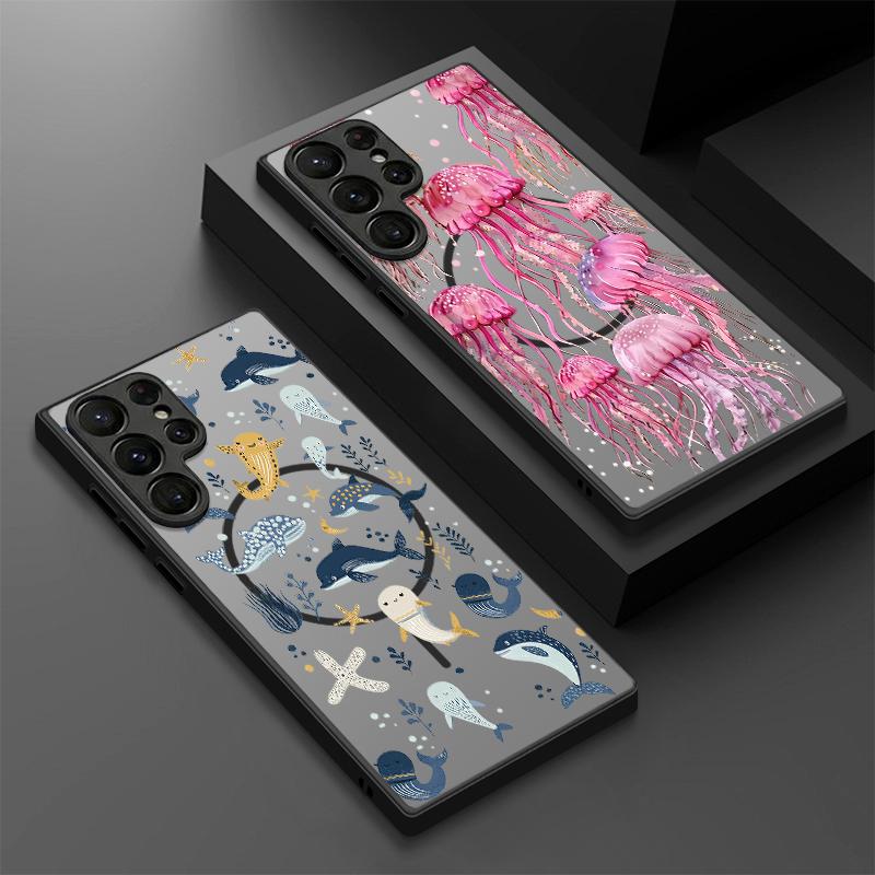 Magnetic For Magsafe Case For Samsung Galaxy S26 Ultra S25 Edge S24 S23 S22 Plus S21 FE Jellyfish Dolphin Pattern Hybrid Matte Cover