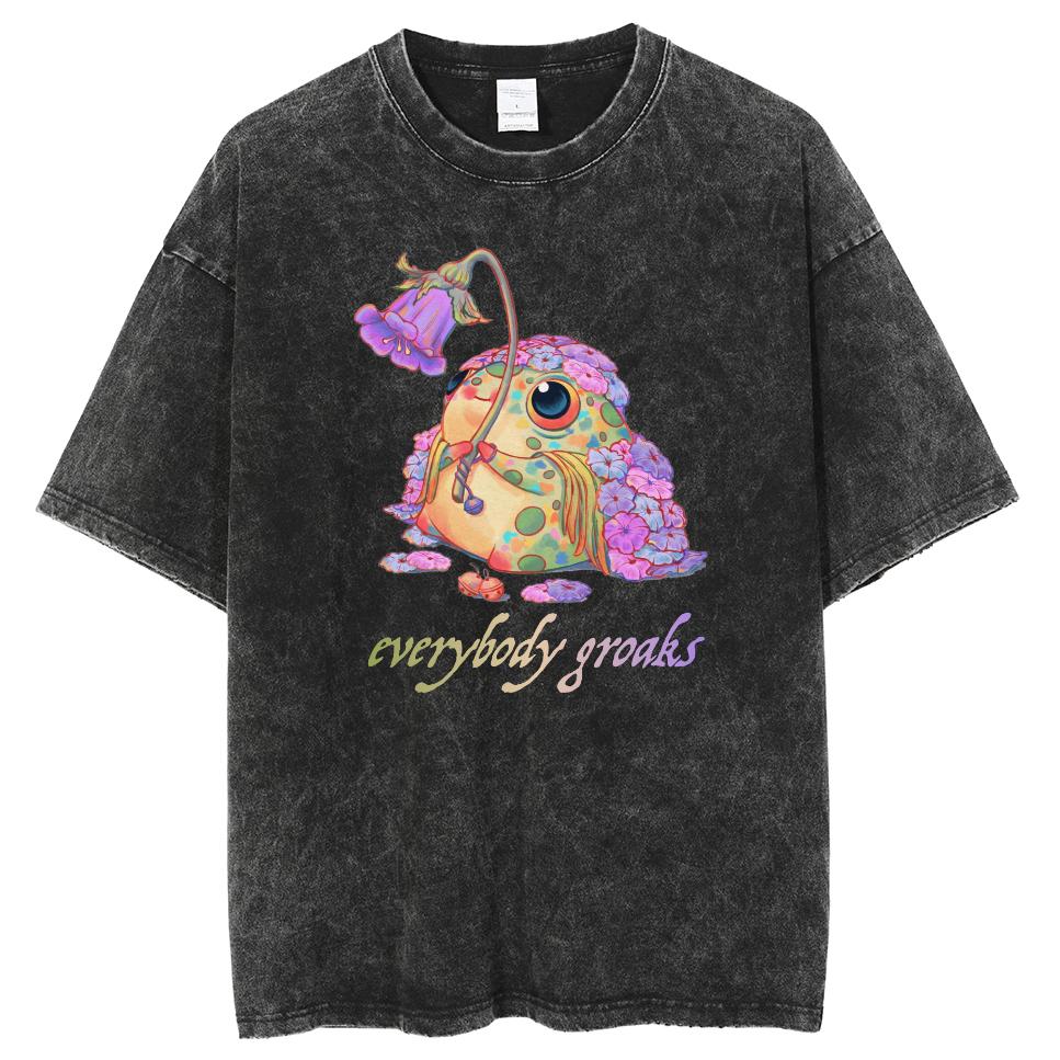 Colorful Frog Hot Stamping Print Women T-Shirt Washed Denim Oversized Couple Short Sleeve Unisex High Quality Tees Cute