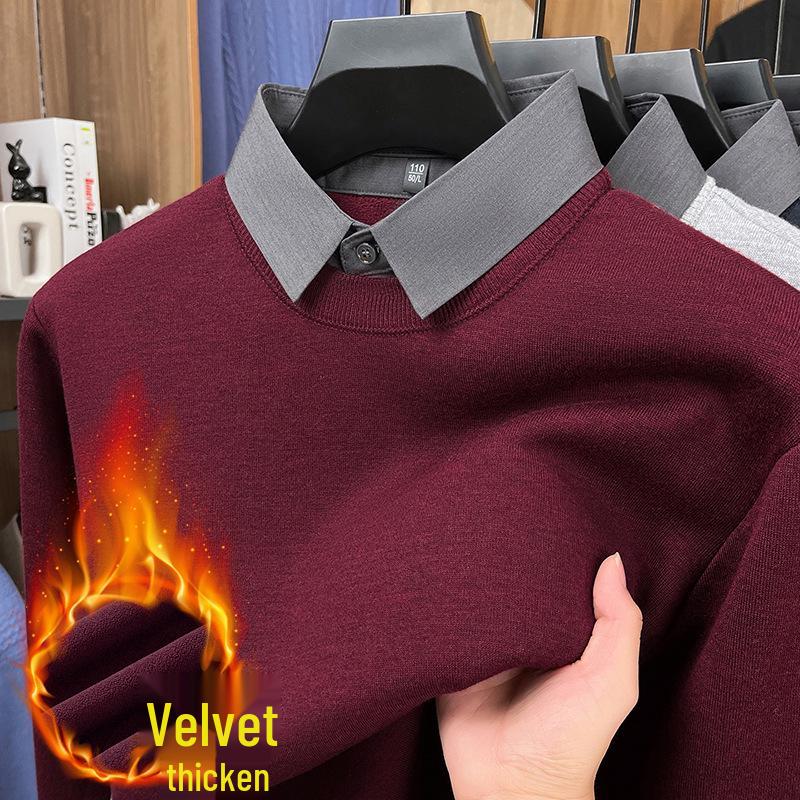 Men's Two-in-One Fleece-Lined Knit Sweater with Shirt Collar for Autumn/Winter
