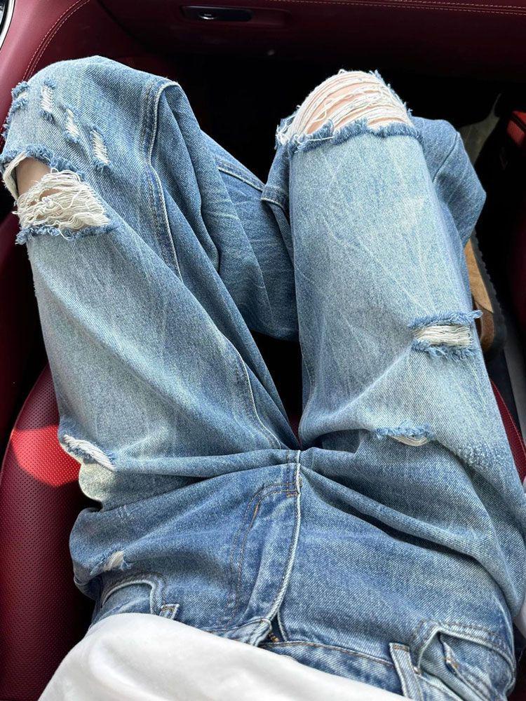 Plus Size Women's High-Waist Ripped Straight-Leg Jeans 2025 - Stylish Washed Wide-Leg Pants