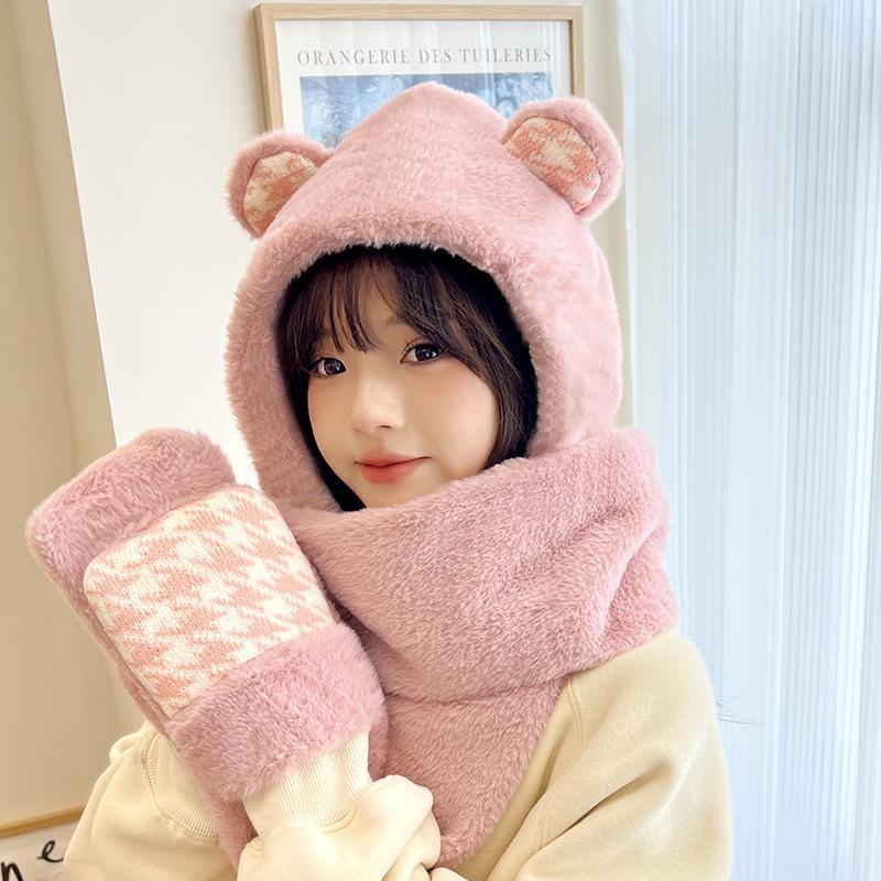 Women's Cozy Fox Ear Plush Hat with Integrated Scarf - Warm, Soft Lei Feng Design for Autumn and Winter. Perfect Ear Protection for Students.