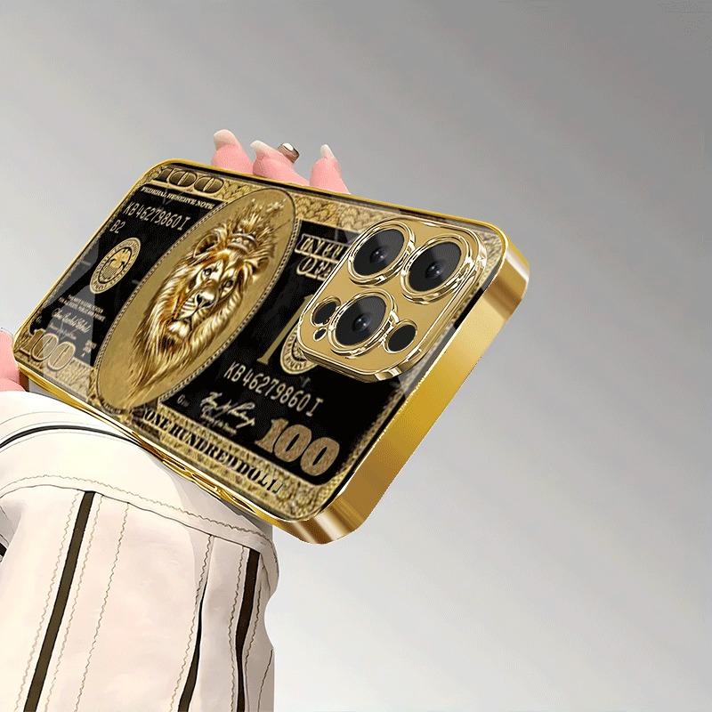 Etui na telefon szklane z wzorem Lwa Bogactwa, malowane złotym metalicznym lakierem, dla iPhone 17 16 15 14 13 12 11 Pro Max 15 14 Plus 17 Air 16E