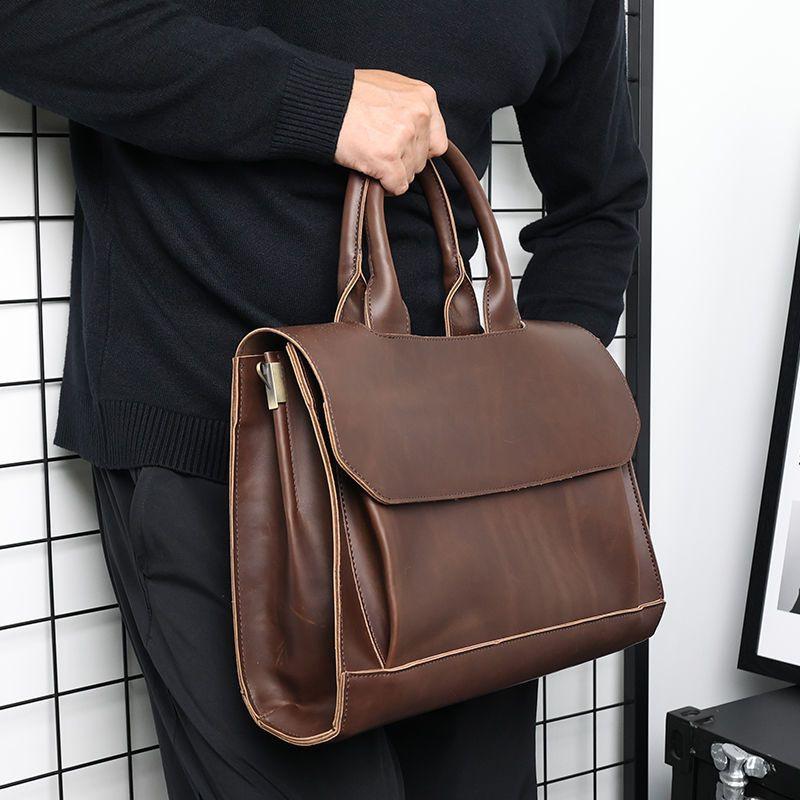 TS JYL Laptop bag,Vintage Crazy Horse Leather Briefcase Business Men Laptop Shoulder Bag
