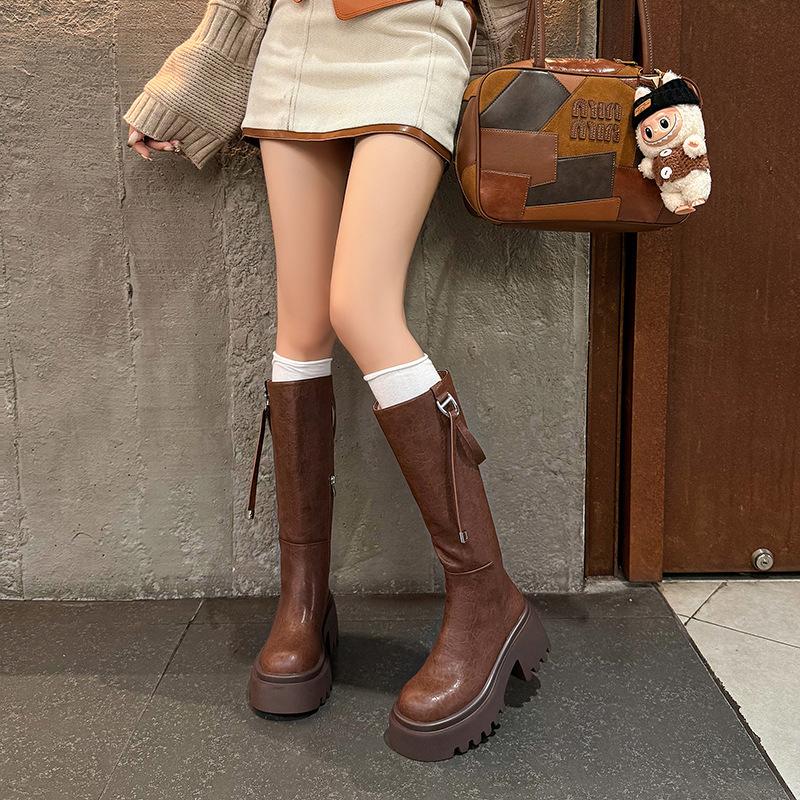 Europäische und amerikanische Mode Kniestiefel mit dicker Sohle 2025 Herbst und Winter neu runde Spitze dicker Absatz Seitenreißverschluss erhöhend Ritterstiefel