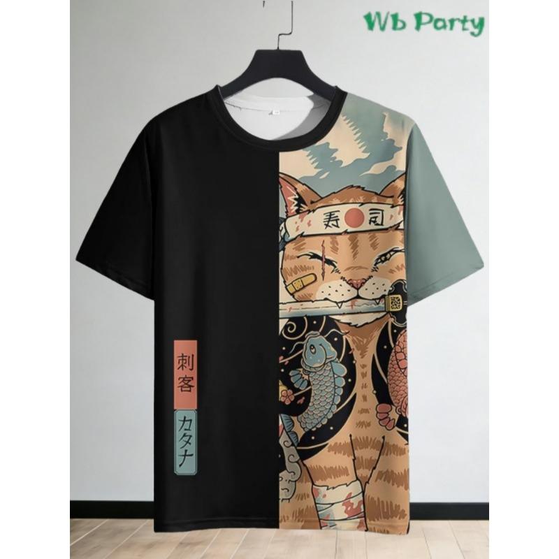 Japanese Samurai Cat 3D Printed T-Shirts for Men Short Sleeve Tee Casual Loose Harajuku Men's Clothing Oversized T-Shirt Tops