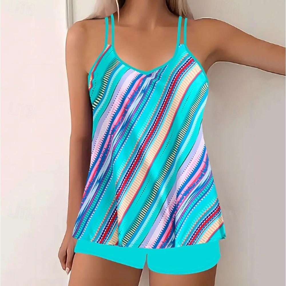 Women's Swimwear Tankini 2 Piece Swimsuit  Stripe Pattern Print Vacation Bathing Suits