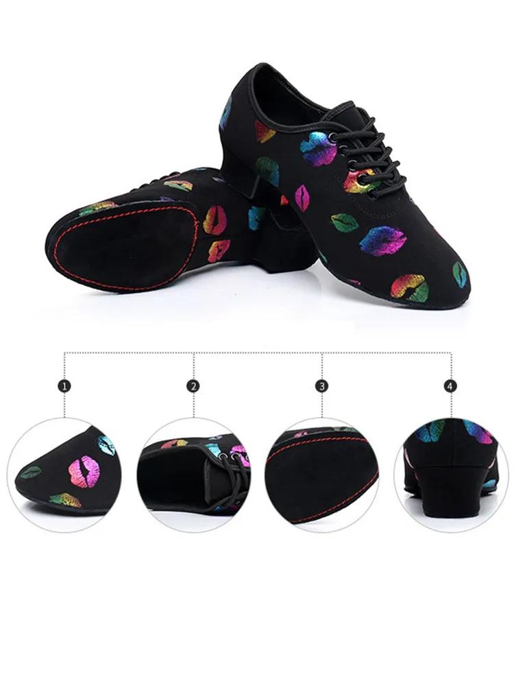 Colorful Oxford Cloth Dance Shoes Colorful Lip Print Women's High Heel Latin Dance Shoes Belly Dance Training Shoes