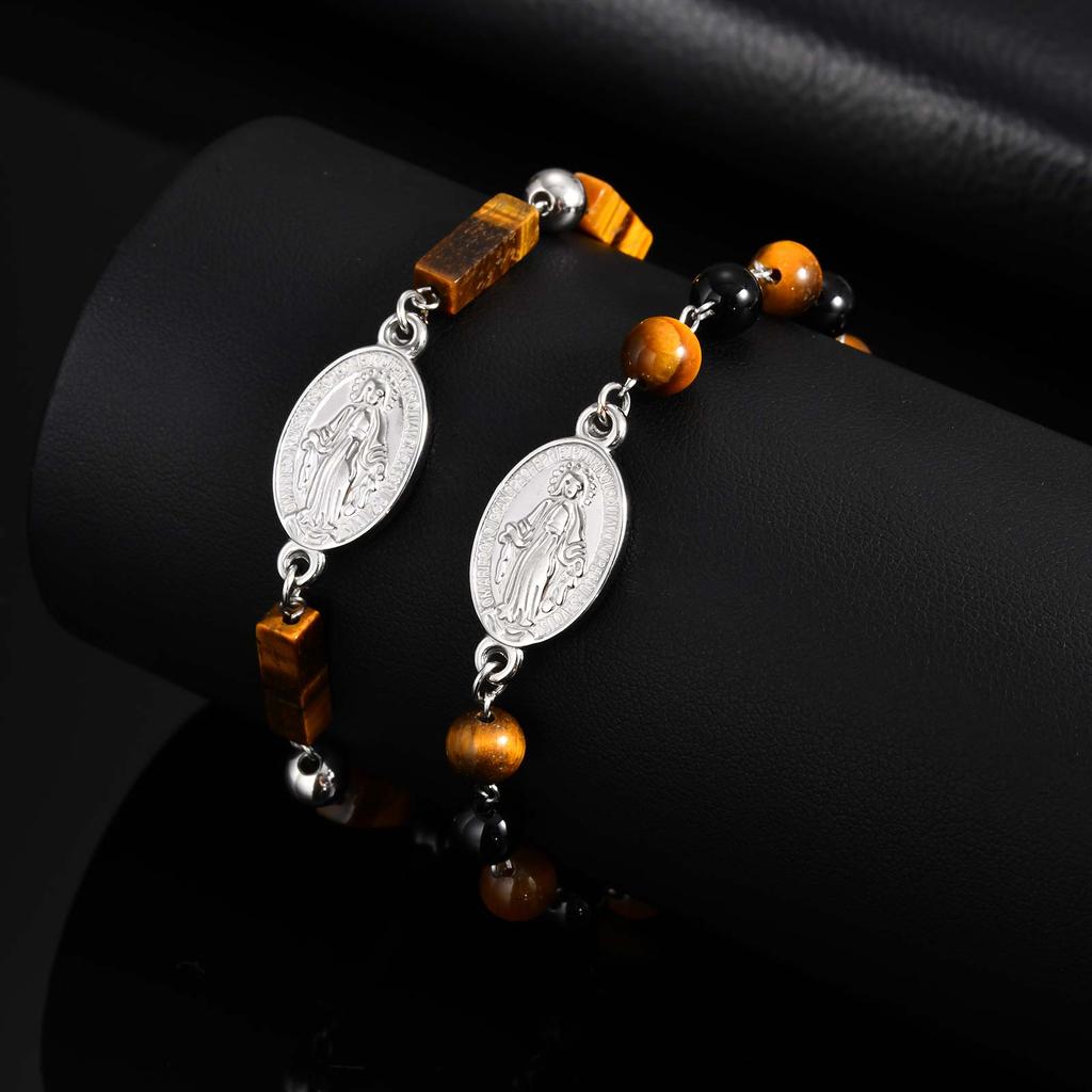 Trendy Stainless Steel Virgin Mary Cross Pendant Tiger Eye Stone Black Agate Natural Stone Bracelet for Men Classic Jewelry