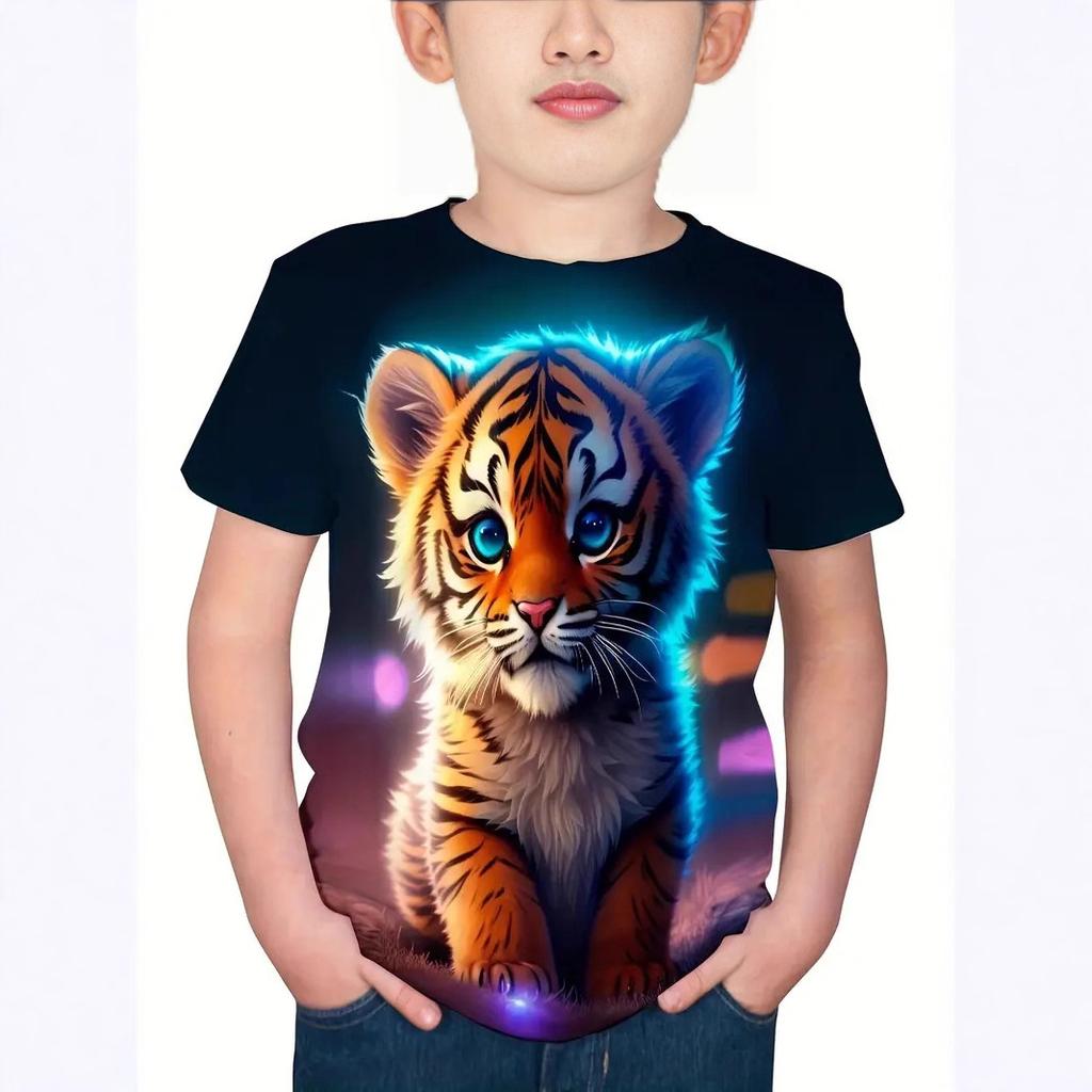 Summer Round Neck Cartoon Animal Pattern 3D Printed Top Fashionable Casual Short Sleeved Children's Boy T-shirts