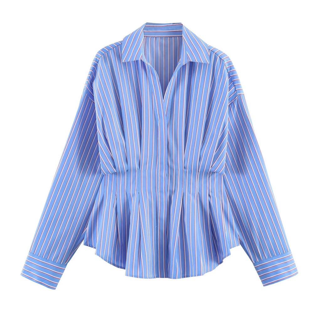 European and American women's clothing 1116 summer simple wind lapel pleated waist striped commuter pleated shirt top women