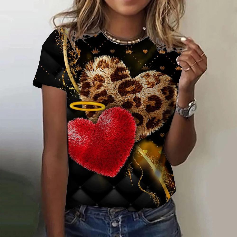 Women's T-shirt Summer Fashion Short Sleeved T-shirt Top Love 3D Printed Round Neck Casual T-shirt Women's Leopard Pattern Clothes Sexy Girl