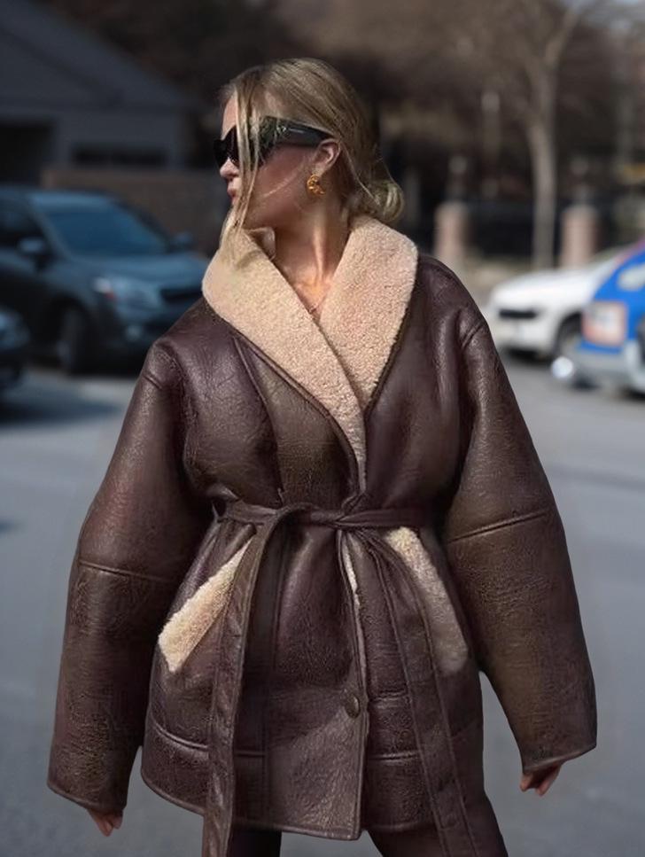 

2025 European & American Women s Cashmere Coat with Leather Fur Collar & Belt L каштановий