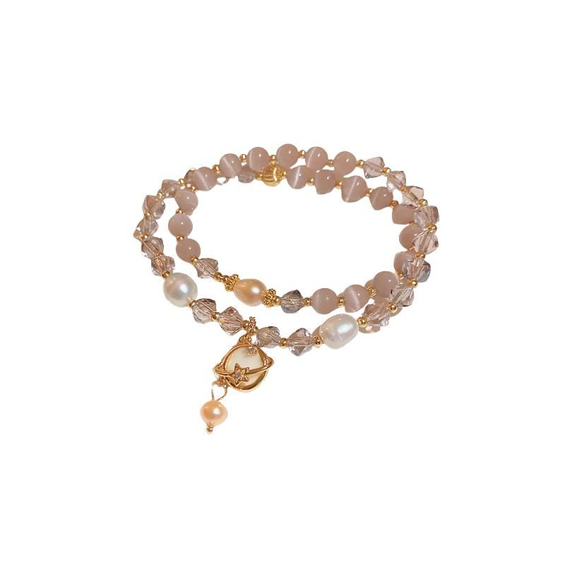 Handmade Cats Eye Stone Double Layer Bracelet With Pearl Accents Geometric Design Vintage Chic Womens Jewelry