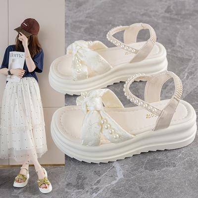 Internet Celebrity Trendy Shoes with Skirt Comfortable Pearl Temperament Fairy Bow Fashion 2025 New Platform Sandals Women
