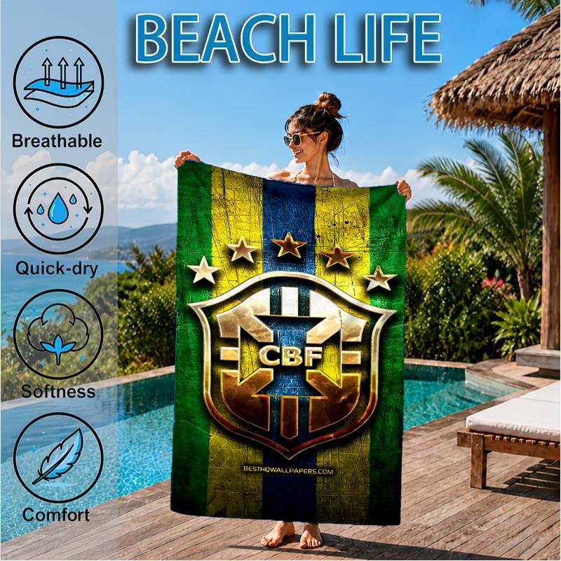 Brazilian Football Crest Printed Microfiber Beach Towel, Soft And Absorbent, Quick-Dry, Ideal for Summer Travel, Beach Essential, Swimming Pool