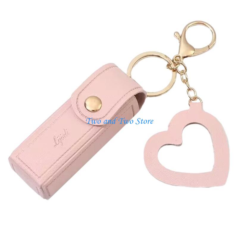 HX6F Lipstick Keychain Leather Lipstick Bag with Heart Pendant for Women