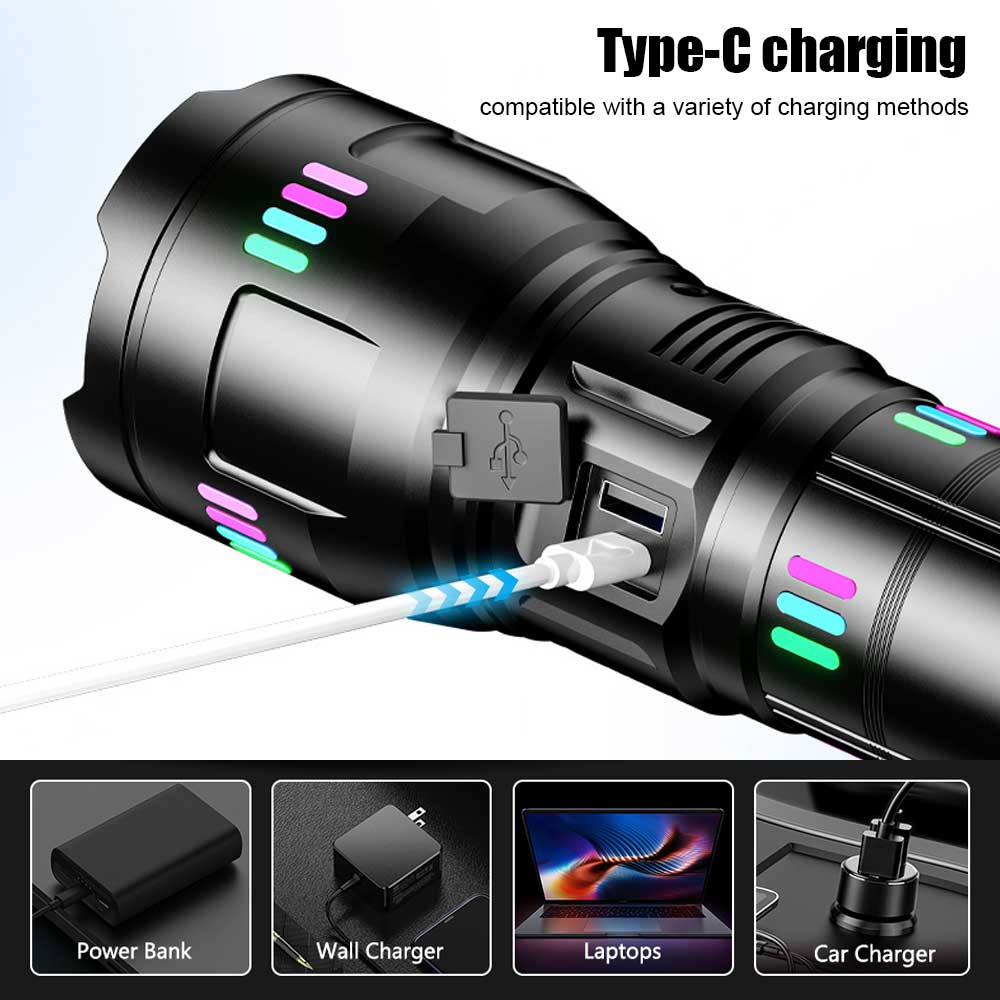 High Power LED Flashlight Zoomable Type-C Rechargeable Torch Lamp Long Range Ultra Powerful Flashlight Camping Lantern