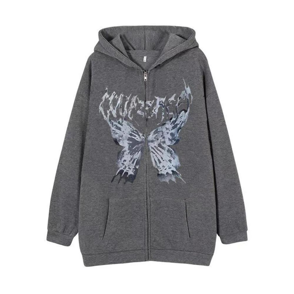 Gothic Style Aramid Hoodie Butterfly Zipper Sports Hoodie Full Sleeve Polyester Fiber Women's Fashion Casual Streetwear