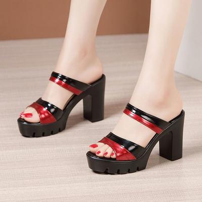 Foreign Trade High-heeled Slippers Women's 2024 New Waterproof Table Fish Mouth One-word Slippers Thick Heel Wear High-heeled Cool Slippers Women