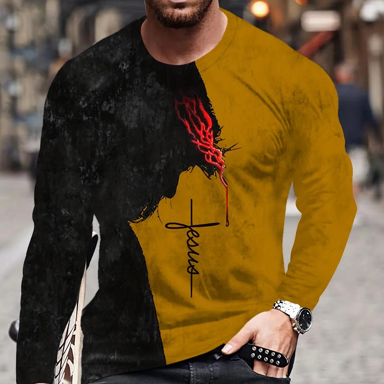 

Мужская повседневная удобная футболка с длинным рукавом с принтом Иисуса, мужская графическая одежда, весна, лето, осень, топы для мужчин, подарок для мужчин 6XL