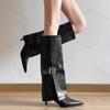 Women's Long Boots Fashion High Heels Pointed Toe Designer Knee High Leather Shoes Metal Belt Buckle 2026 Women Mujer Botas