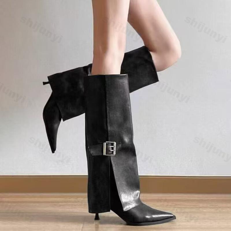 Women's Long Boots Fashion High Heels Pointed Toe Designer Knee High Leather Shoes Metal Belt Buckle 2026 Women Mujer Botas
