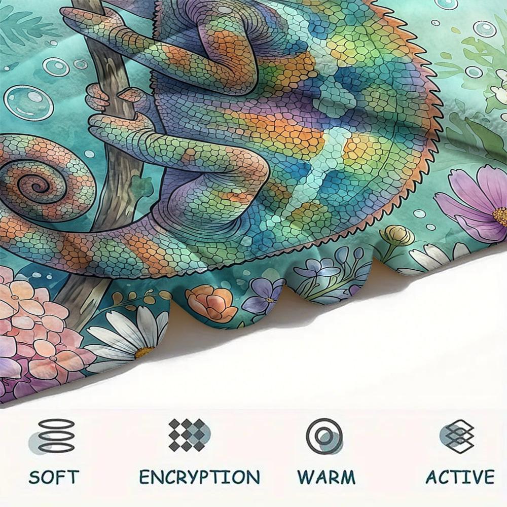 1PC Chameleons and Plants Print FlAannel Blanket, High quality Comfortable for All Seasons, Home Decor, Warmth and Comfort