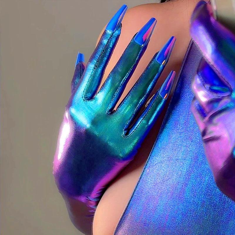 HOLOGRAPHIC Laser NAIL GLOVES Metallic Shiny Blue Touchscreen 70CM Long TECH Thin Elastic Holo Evening Party Glove with Nails