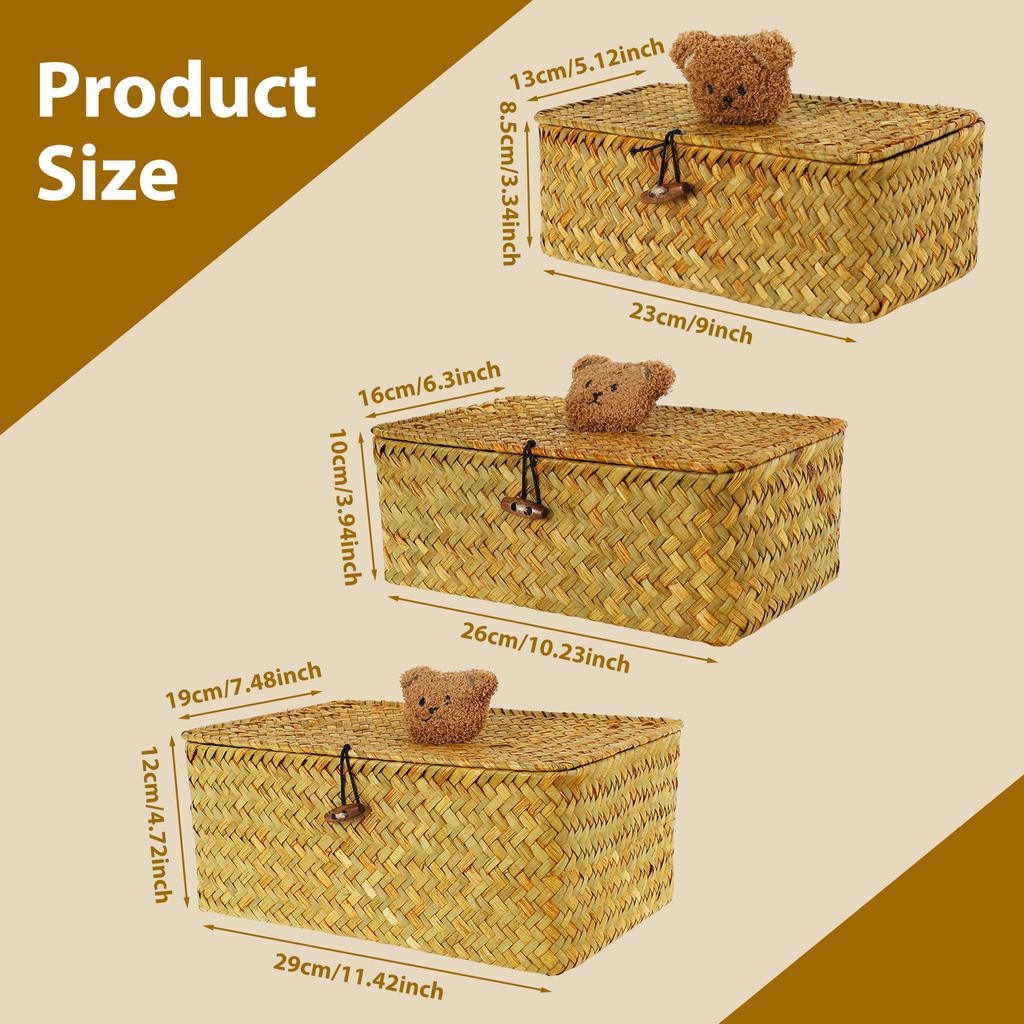 3Pcs Natural Storage Basket with Lid Stackable Large Seagrass Basket Organizer Bins For Home Kitchen Grocery Storage Container