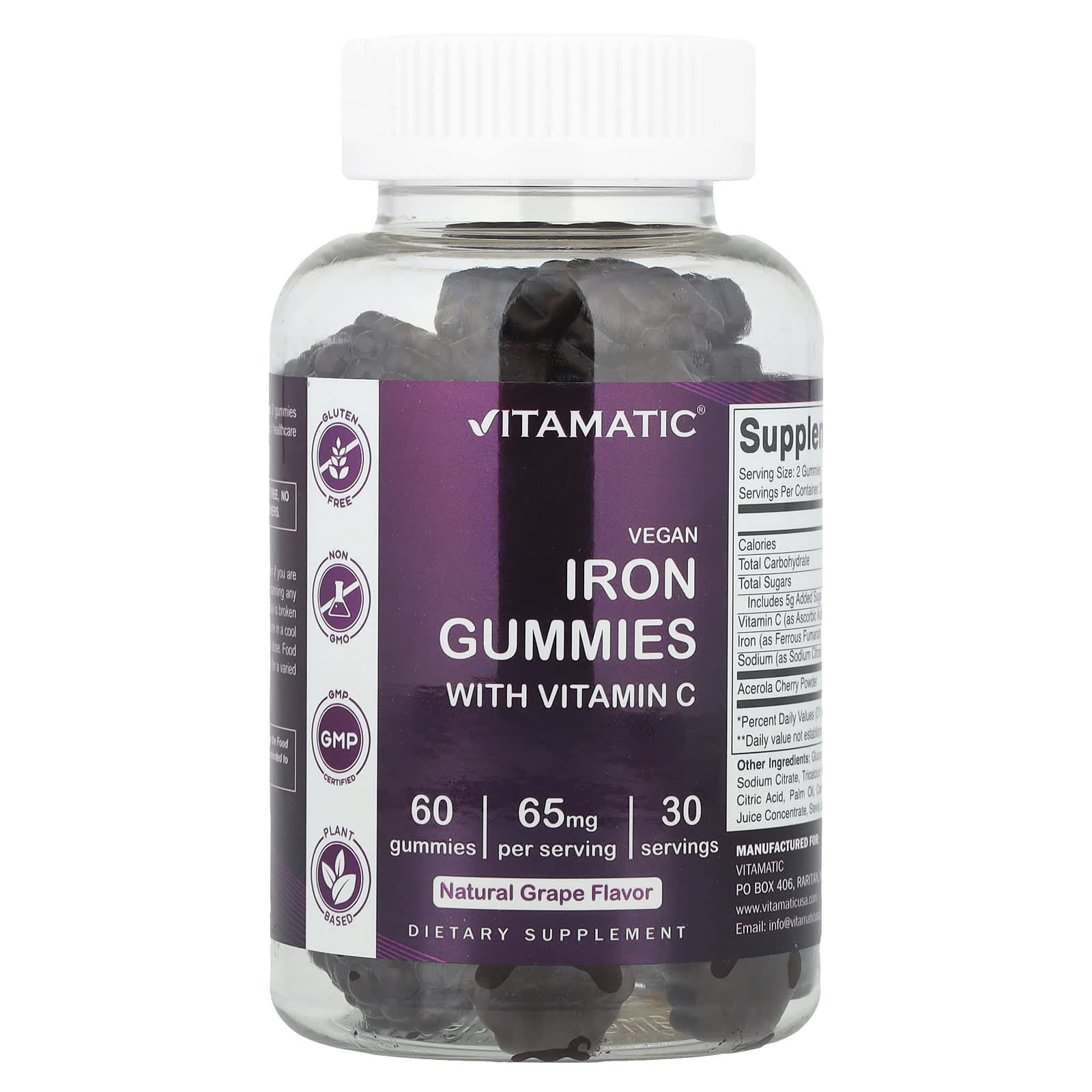 

Vegan Iron Gummies with Vitamin C, Natural Grape Flavor, 60 Gummies