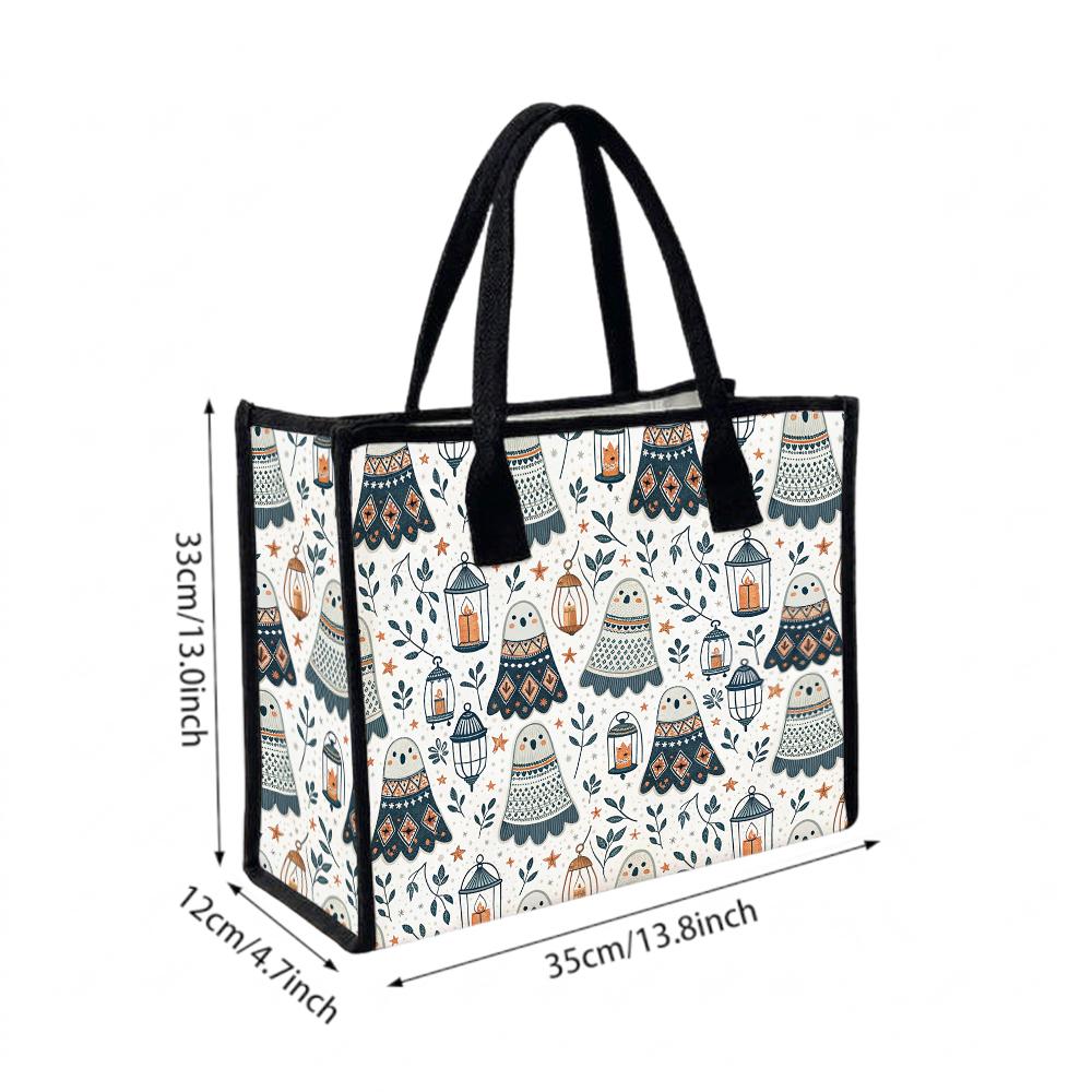 Cute Ghost Pattern Canvas Tote Bag for Daily Shopping Portable Durable Women Casual Handbag