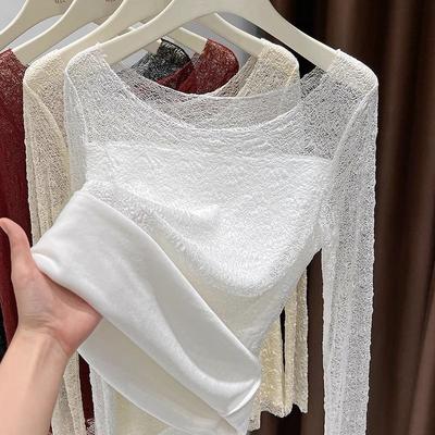 Plus Size Dekolt Polarowa Podkoszulka Koronkowa Damska Jesień Zima Slim-Fit Odzież Wewnętrzna Żakardowa ażurowa Ciepła Bluzka z Długim Rękawem z Elegancją