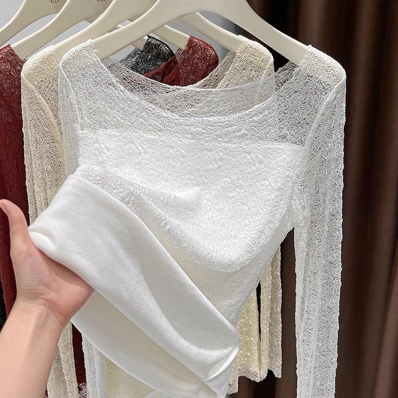 

Женская осенне-зимняя флисовая майка с кружевной отделкой горловины большого размера, облегающий фасон, жаккардовый ажурный теплый топ с длинным рукавом, элегантный 2XL