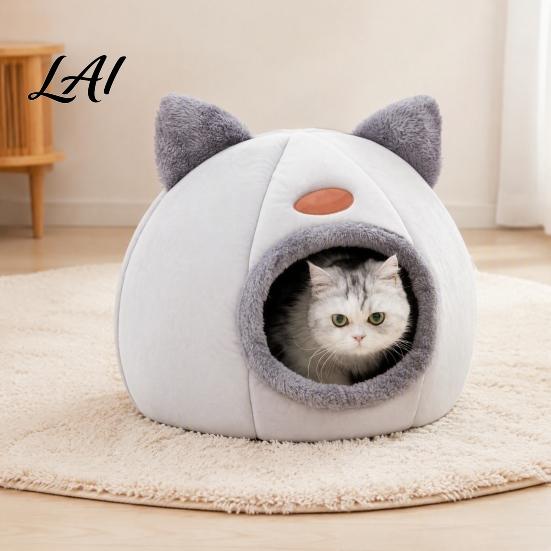 Comfortable Kitty Shelter Plush Cat Cave Bed with Ears Enclosed Cozy Hide Bed Non-slip Lovers Gift Bottom Warm Winter Pet Nest for Indoor