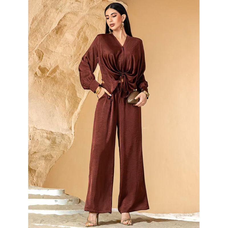 

New Arrival Double-Sided Satin Cross Shoelace Shirt Pants Two-Piece Suit Lace up Shirt and Pants Set Mahogany L