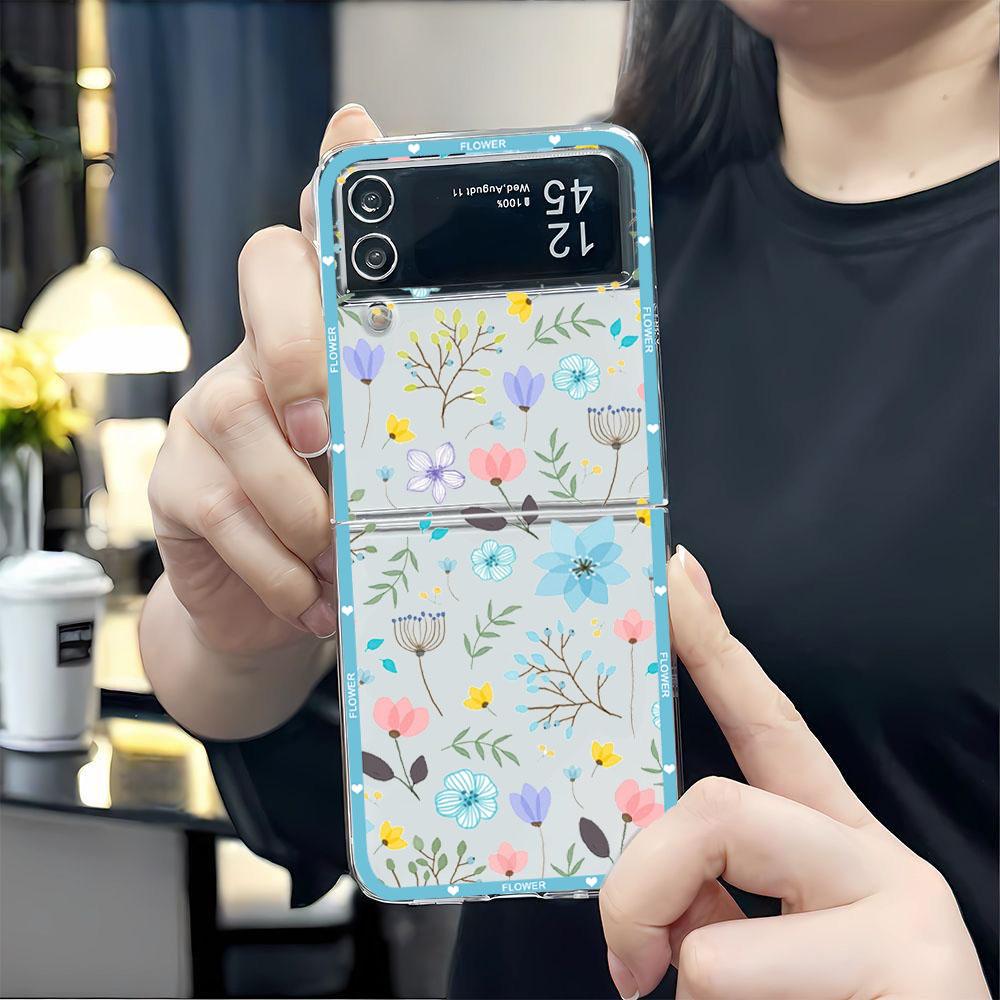Per Samsung Galaxy Z Flip 7 Custodia INS Corea Foglie Fiore Cover Trasparente per Samsung ZFlip7 Z Flip7 5G Guscio Floreale Blu