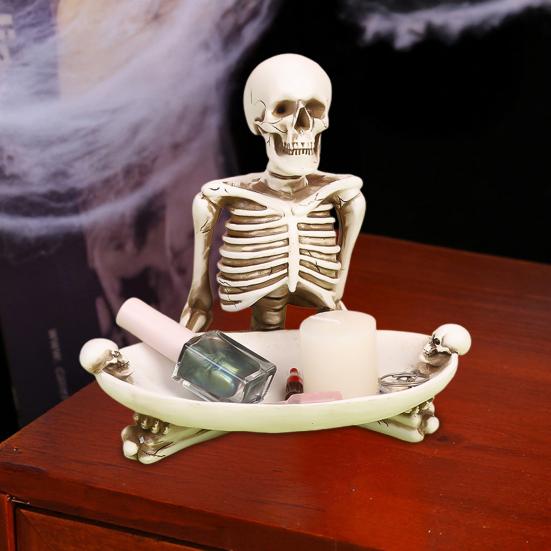 Skull Storage Tray Halloween Scary Skeleton Candy Bowl Resin Skull Fruit Snack Serving Tray Vintage Jewelry Dish for Home Tabletop Party Bar Decor
