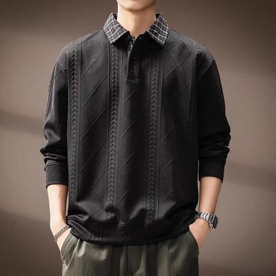 Men's Faux Two-Piece Wheat Texture Long Sleeve Polo Sweatshirt