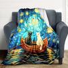 1pc Cat Night Lightweight Flannel Blanket, Comfortable and Warm Blanket, for Office and Camping Sofa Bed, Livingroom106