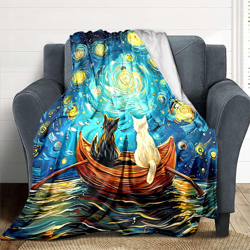 1pc Cat Night Lightweight Flannel Blanket, Comfortable and Warm Blanket, for Office and Camping Sofa Bed, Livingroom106