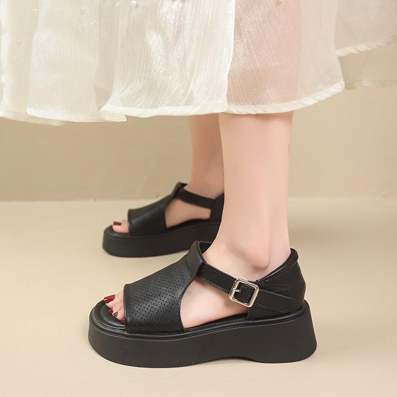 Fashion 2025 Women'S Leather Upper Plus Size Sandals Open Toe Roman Thick Sole Flat Sandals Hollow Breathable Comfort