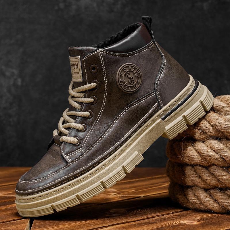 Men's High-top British Style Vintage Genuine Leather Casual Leather Shoes, Mid-top Waterproof Work Boots.