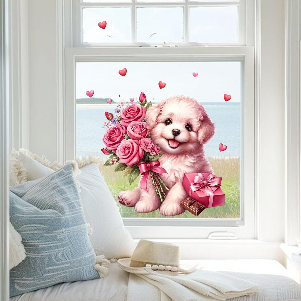 Dog Holding Flowers and Hearts Static Cling Window Stickers No Glue Needed for Bedroom Living Room Balcony Removable Reusable