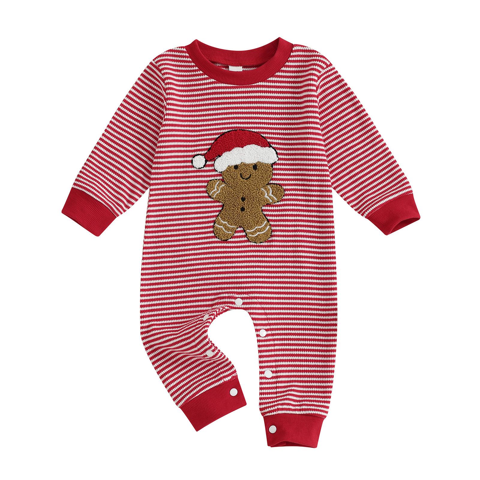 Autumn 2025 Children s Romper: Striped Waffle Knit with Gingerbread Man Embroidery 12-18M