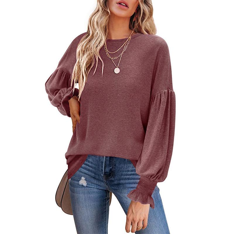 Women's Plus Size Tops Autumn Round Neck Ruffled Lantern Sleeve Pullovers