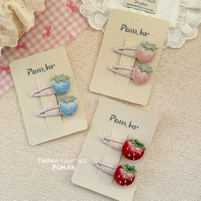 2pcs Retro Fashion Hair Clip for Kids Girl Kawaii Hair Pin Embroidery Sweet Strawberry Bang Side Clip Cute Hair Accessories