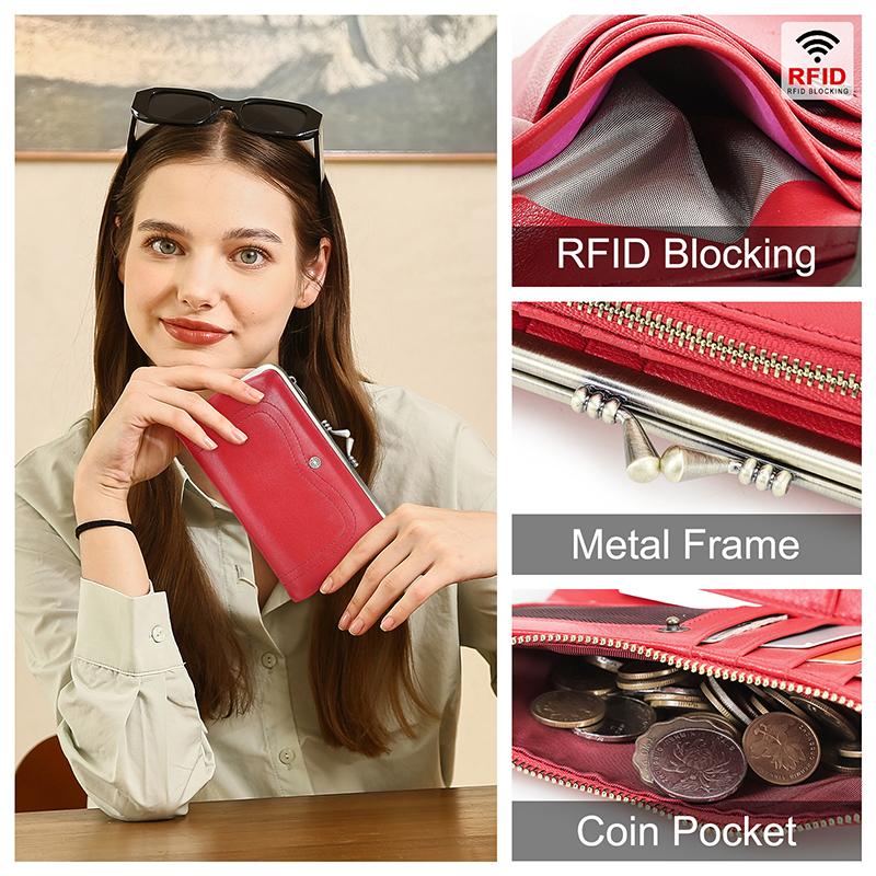 CONTACT'S Genuine Leather Fashion  Long Wallet Women Colorful Coin Pocket with Photo Slot Soft Female Purse Wallets